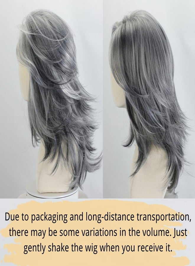 Fencca Silver Grey Wigs For White Women Wavy Layered Wig, Medium-length Salt Pepper Wig With Synthetic Highlight Grey Wave Shaggy Wigs 20Inch Synthetic Hair For Daily Party Use - Image 5